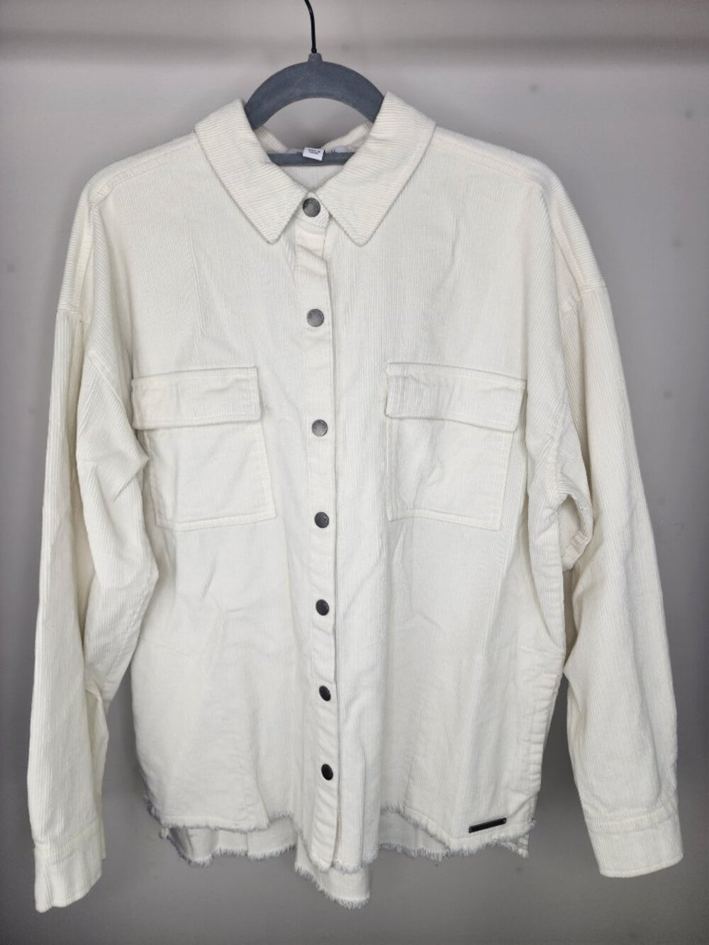 Peace Love World Washed Corduroy Button up Raw Hem Shirt Ivory Size Medium